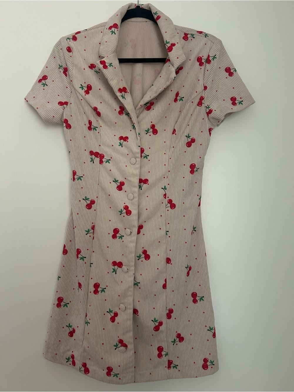 Cherry-Print Short Sleeve Button-Front  Mini Dress - Red on Cream